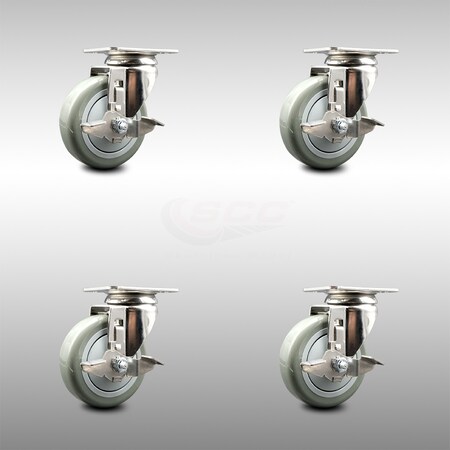 Service Caster 4 Inch 316SS Gray Polyurethane Wheel Swivel Top Plate Caster Set with Brake SCC SCC-SS31620S414-PPUB-TLB-4